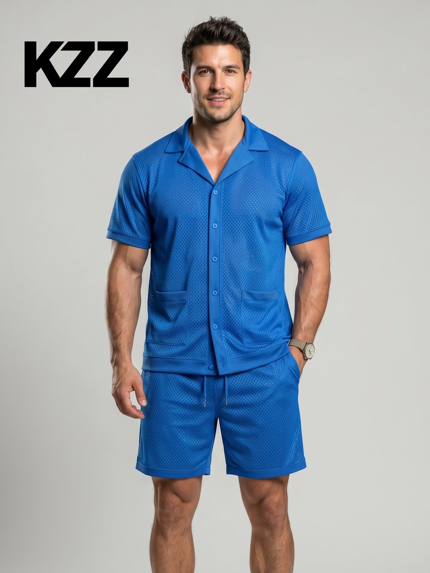 KZZ Men's Solid Color Hollow-Out Short-Sleeve Shirt and Shorts Set