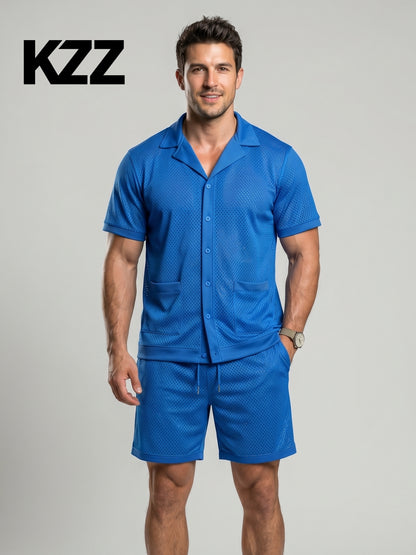 KZZ Men's Solid Color Hollow-Out Short-Sleeve Shirt and Shorts Set