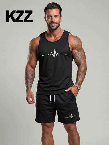 KZZ Men's Heartbeat Print Crew Neck Vest and Shorts