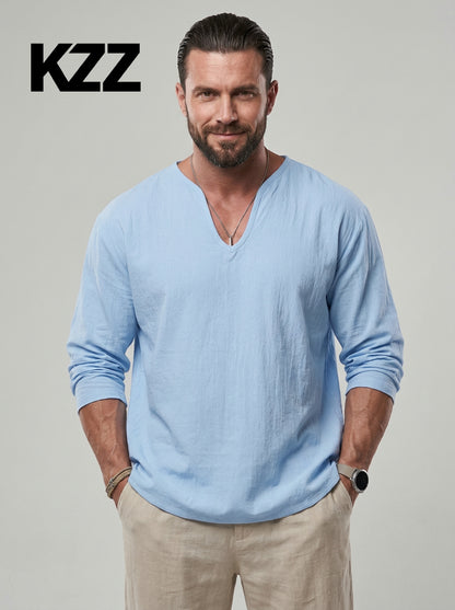 KZZ Men's V Neck Linen Shirt Casual Loose Fit Long Sleeve Top