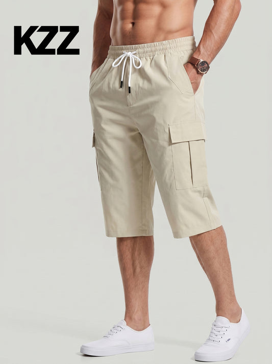 KZZ Men's Solid-Color Cargo Shorts with Flap Pockets