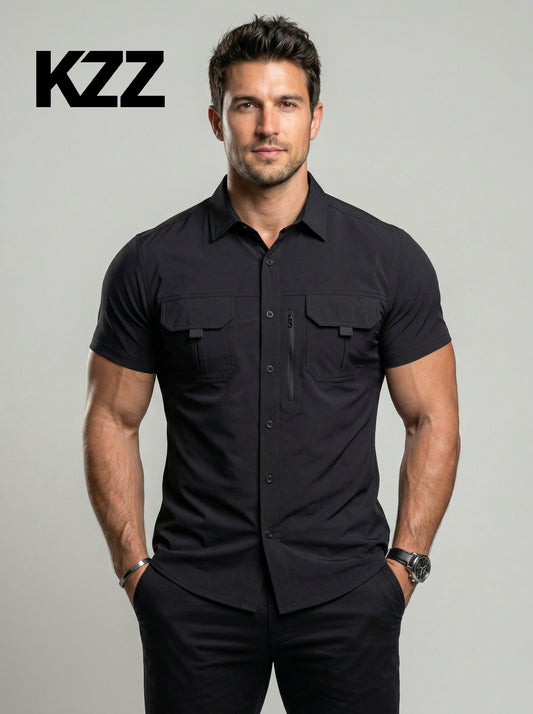 KZZ Men's American-Style Solid Color Shirt