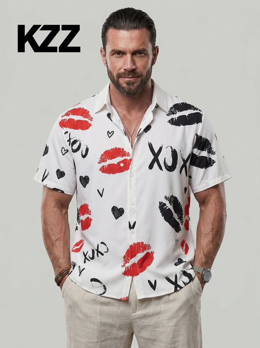 KZZ Fashion lip print white collared shirt