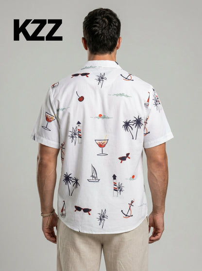 KZZ Men's Tropical Print Short Sleeve Shirt