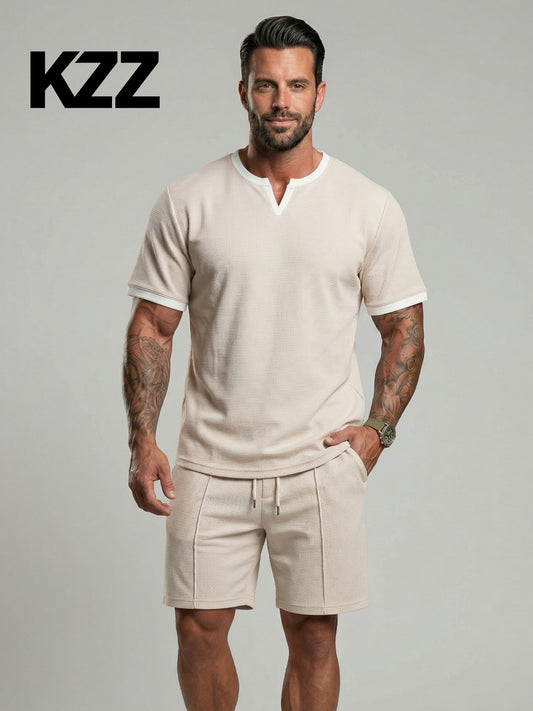 KZZ Men's Business Casual Sport Solid Color V-Neck Short Sleeve Shorts Set
