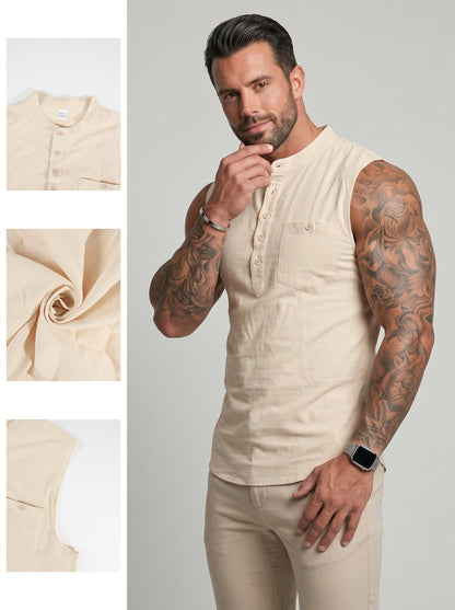KZZ Men's Sleeveless Slim-Fit Casual Linen-Blend Shirt