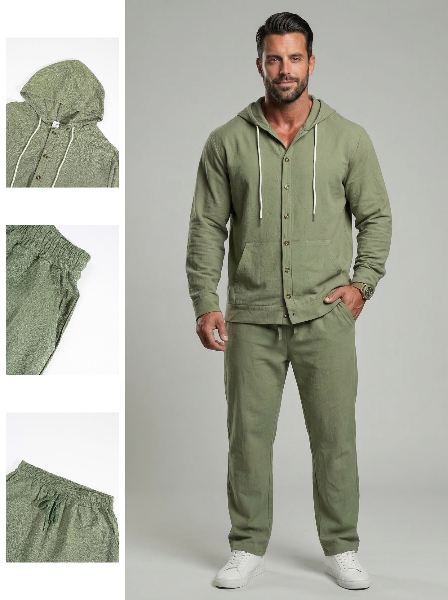 KZZ Men's Solid Button Down Shirt & Pants Linen Set