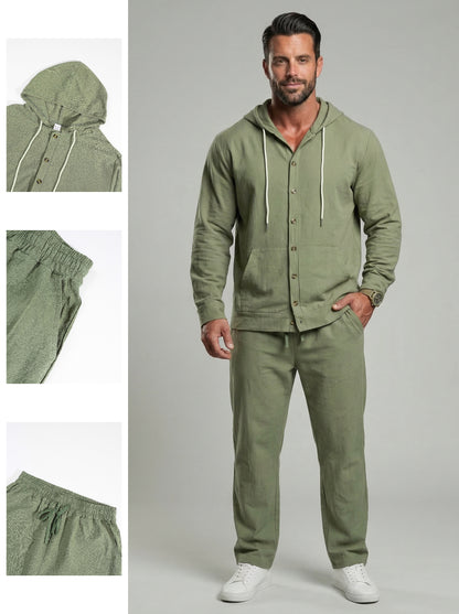 KZZ Men's Solid Button Down Shirt & Pants Linen Set