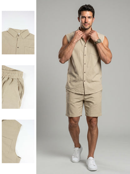 KZZ Casual-Chic Lapel Sleeveless Shirt and Shorts Set