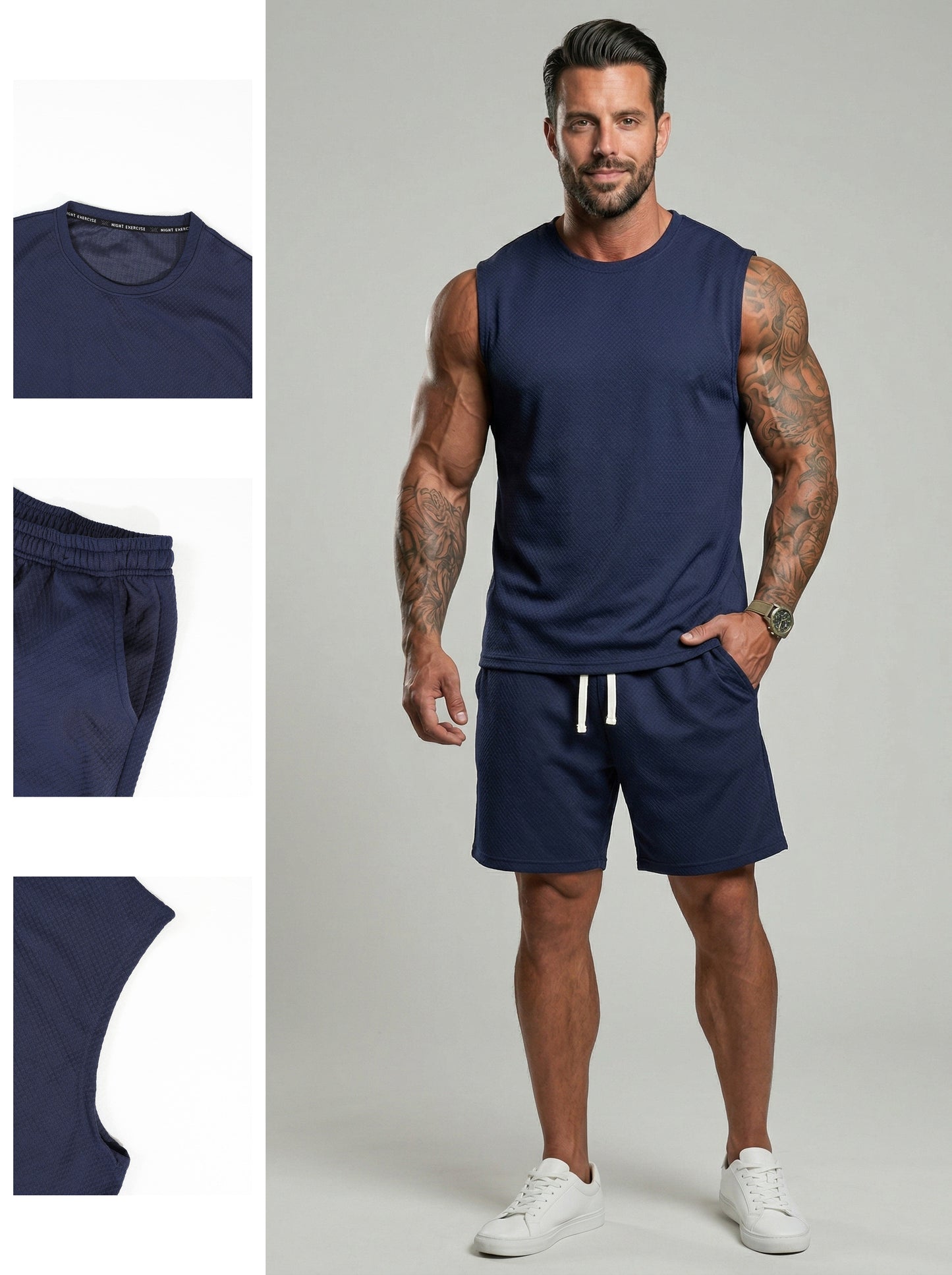 KZZ Men's Solid-Color Ribbed Sleeveless Vest and Shorts Two-Piece Set