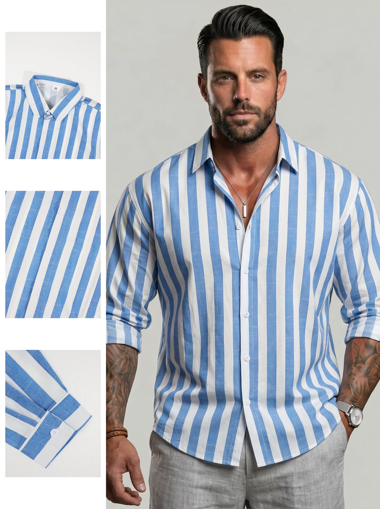 KZZ Men's Striped Print Long Sleeve Dress Shirt