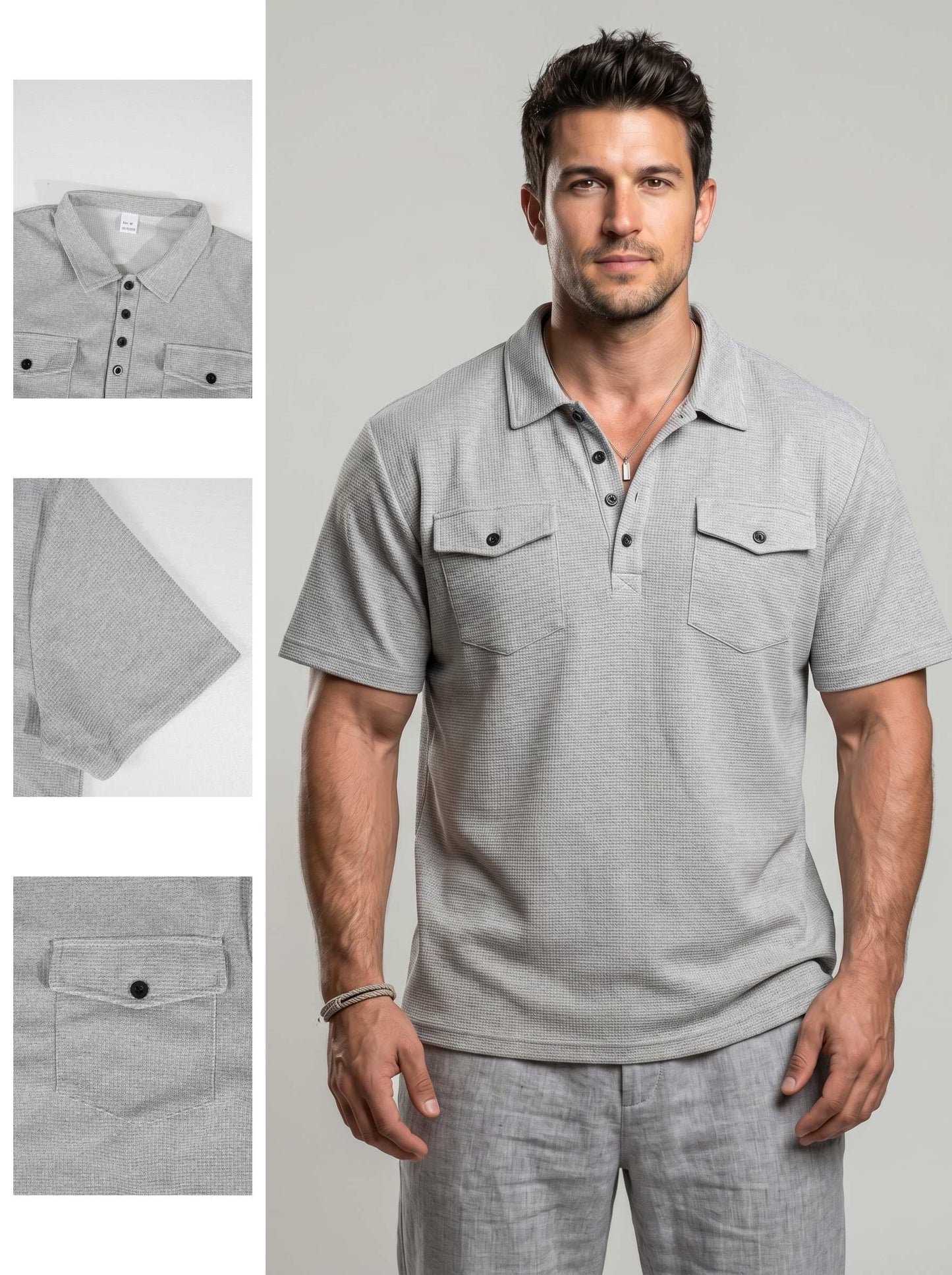 KZZ Men's Business-Casual Athletic-Style Waffle-Knit Solid-Color Short-Sleeve Polo Shirt