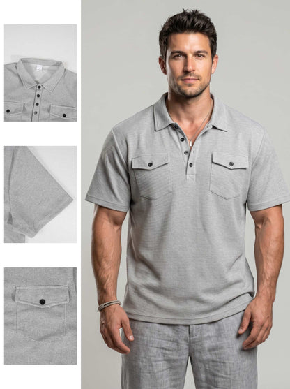 KZZ Men's Business-Casual Athletic-Style Waffle-Knit Solid-Color Short-Sleeve Polo Shirt