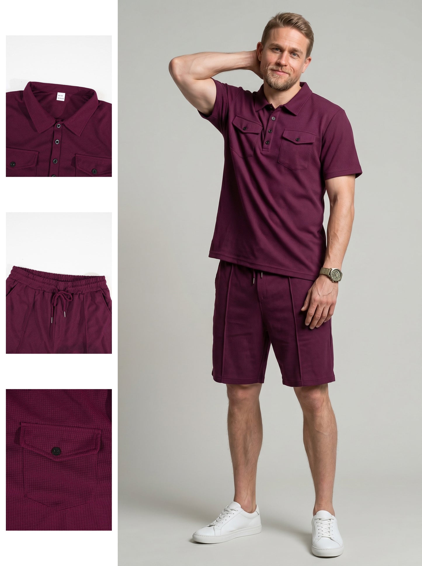 KZZ Men's Business-Casual Waffle-Knit Short-Sleeve Shirt and Shorts Set