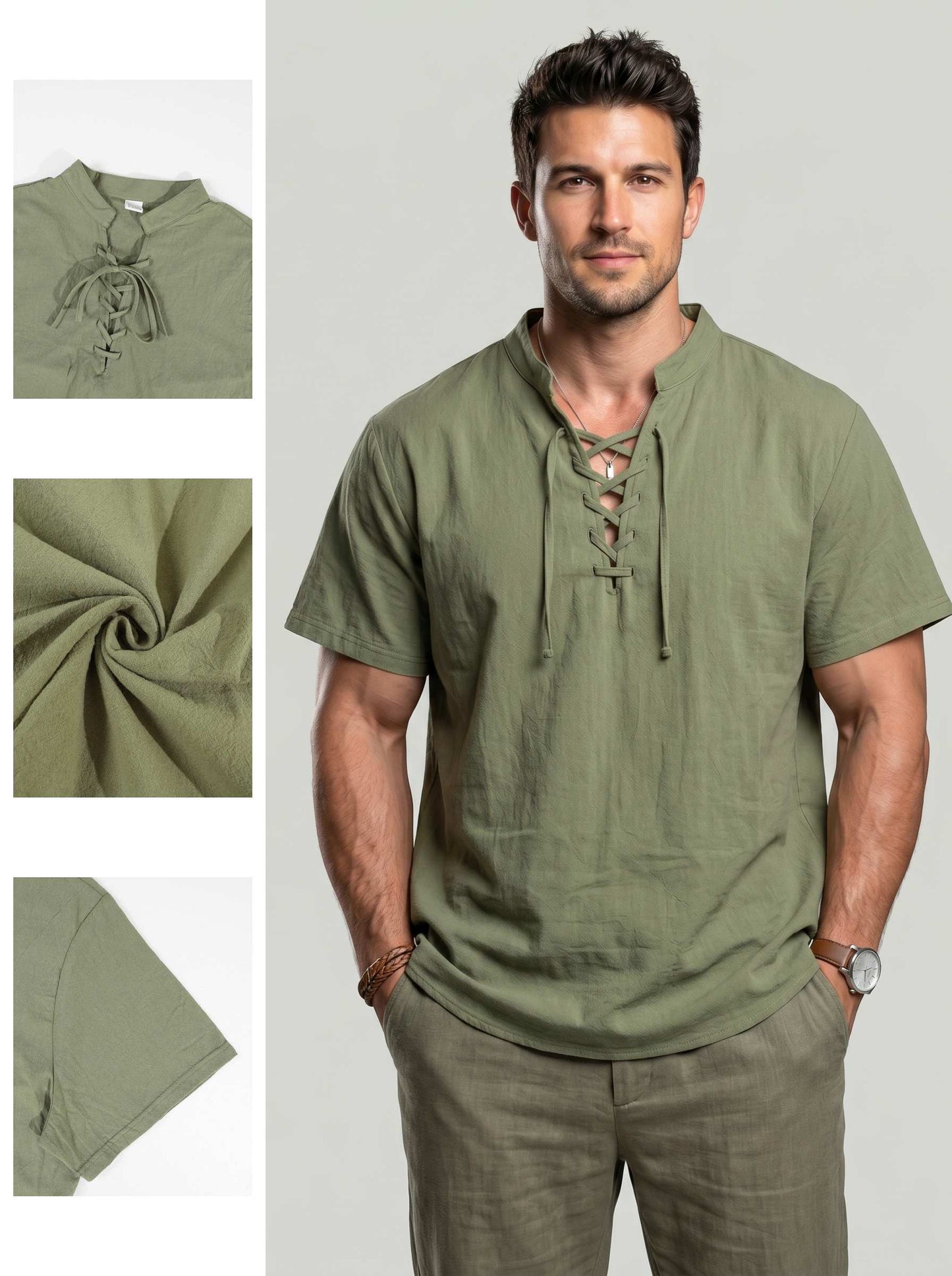 KZZ Men's summer linen stand-up collar short-sleeved shirt
