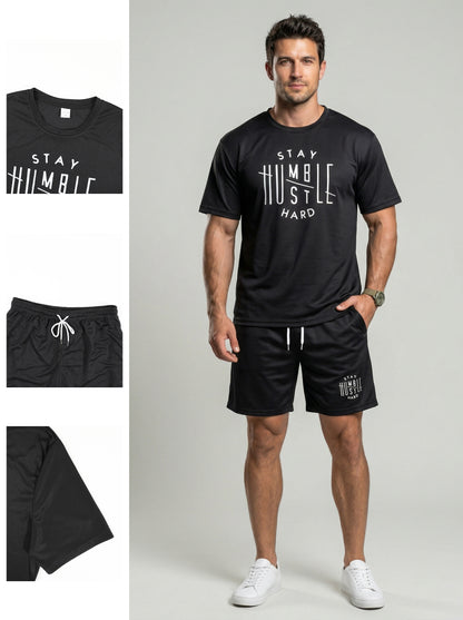 KZZ Men's  Letter Print Round Neck Shortsleeve Tee & Drawstring Waist Shorts Set
