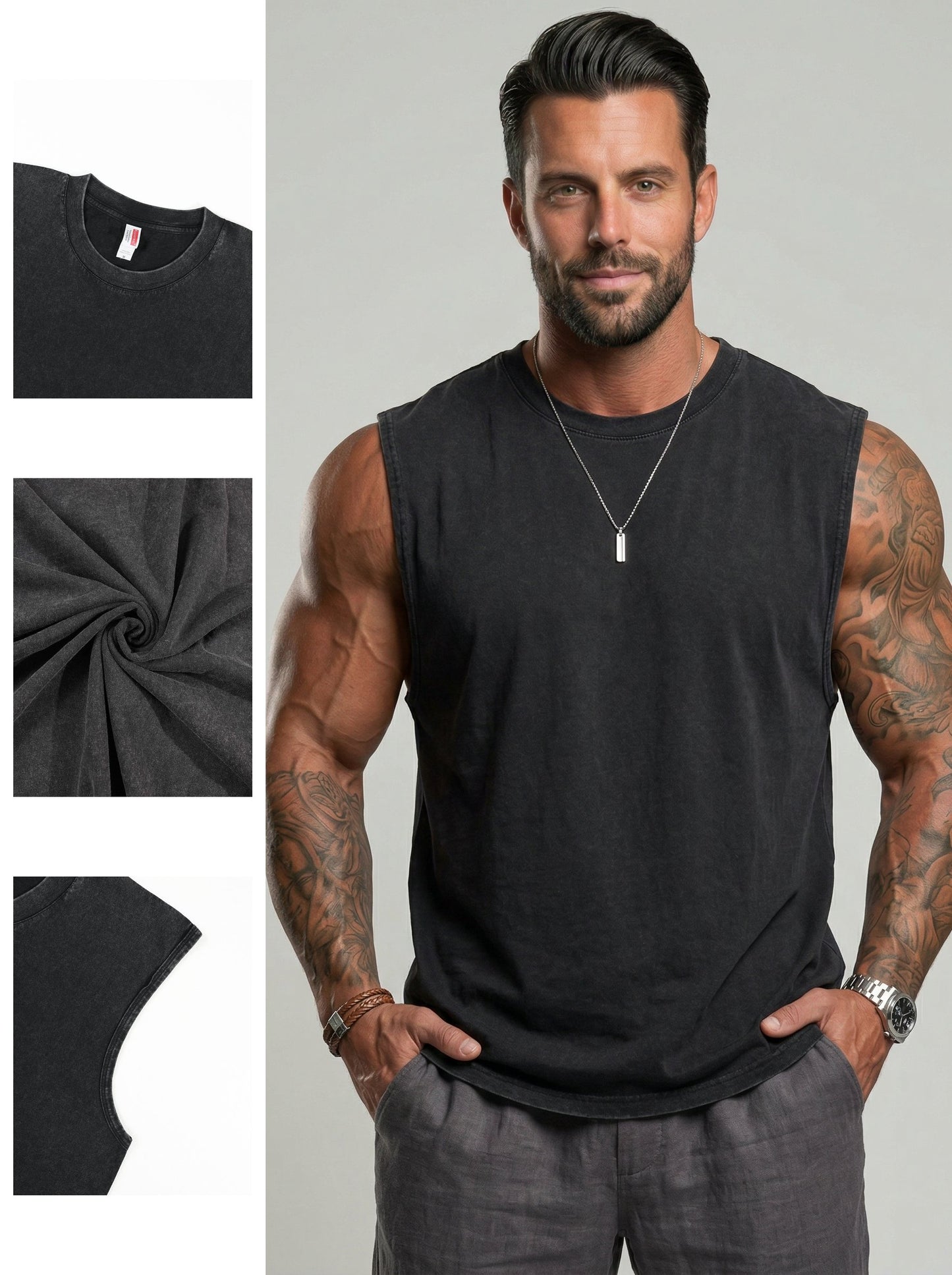 KZZ Men's Washed Sleeveless Fitted Casual Plain Vest
