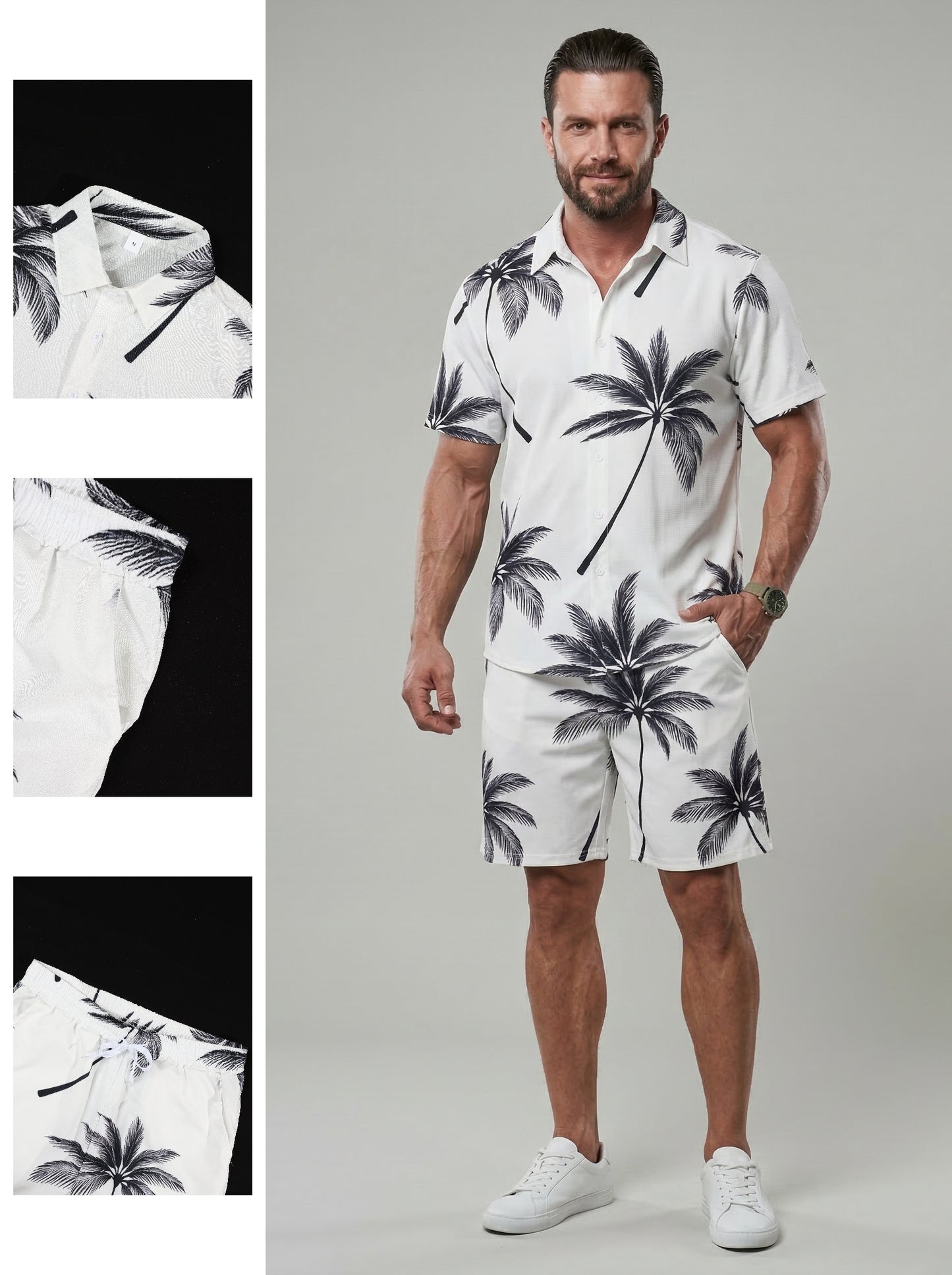 KZZ Men's Tropical Palm Tree Print Outdoor Casual Set
