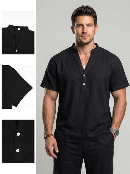 KZZ Men's Summer Short-Sleeve Linen Shirt