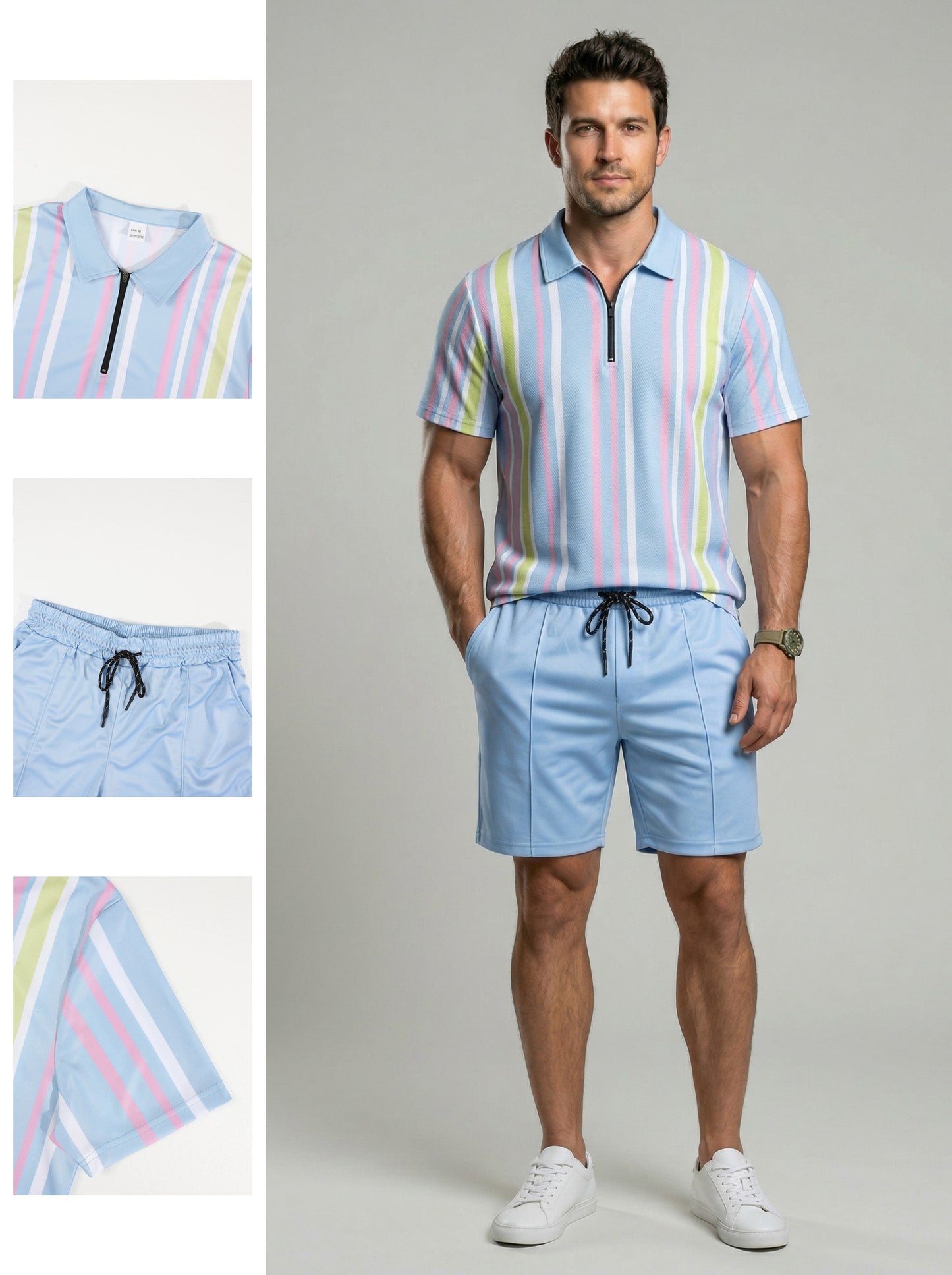 KZZ Men's Colorblock Striped Print Short Sleeve Shirt & Shorts Two-Piece Set