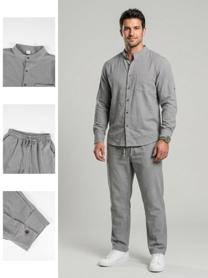 KZZ Men's Long-Sleeve Button-Down Shirt and Straight-Leg Drawstring Trousers Set