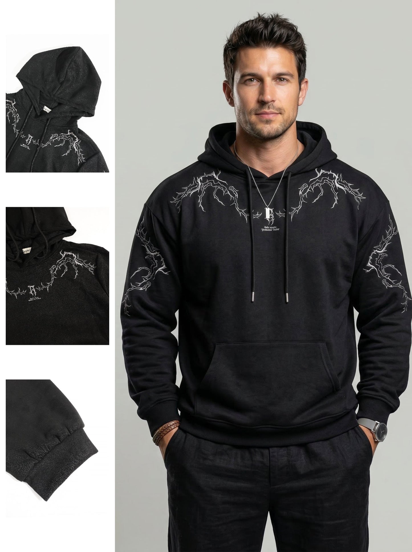 KZZ Men's Casual Loose-Fit Embroidered Thorns Hooded