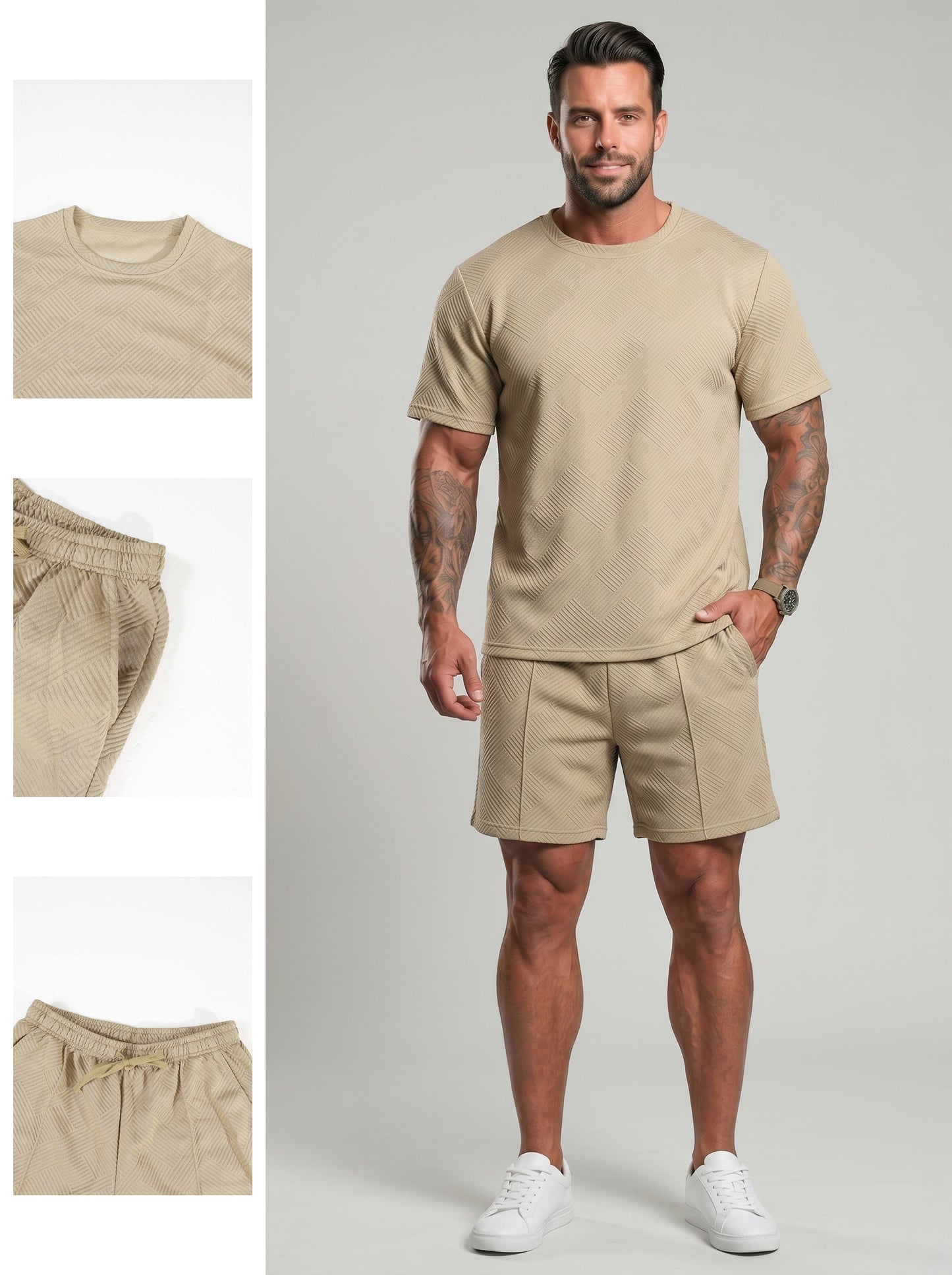 KZZ Men's Solid-Color Polo Shirt and Drawstring Shorts Set