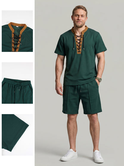 KZZ Men's Solid-Color Short-Sleeve Lace-Up Shirt and Shorts