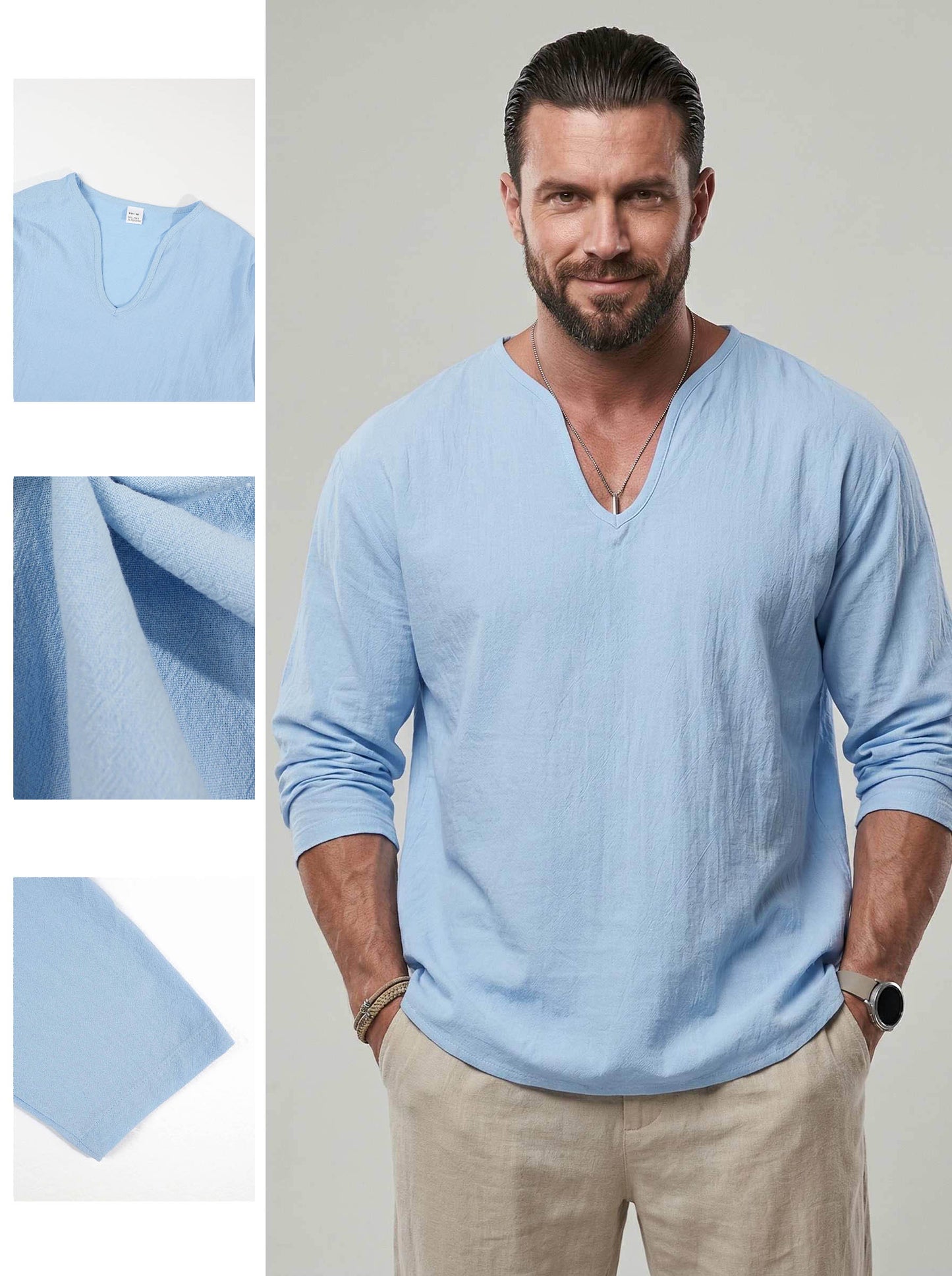 KZZ Men's V Neck Linen Shirt Casual Loose Fit Long Sleeve Top