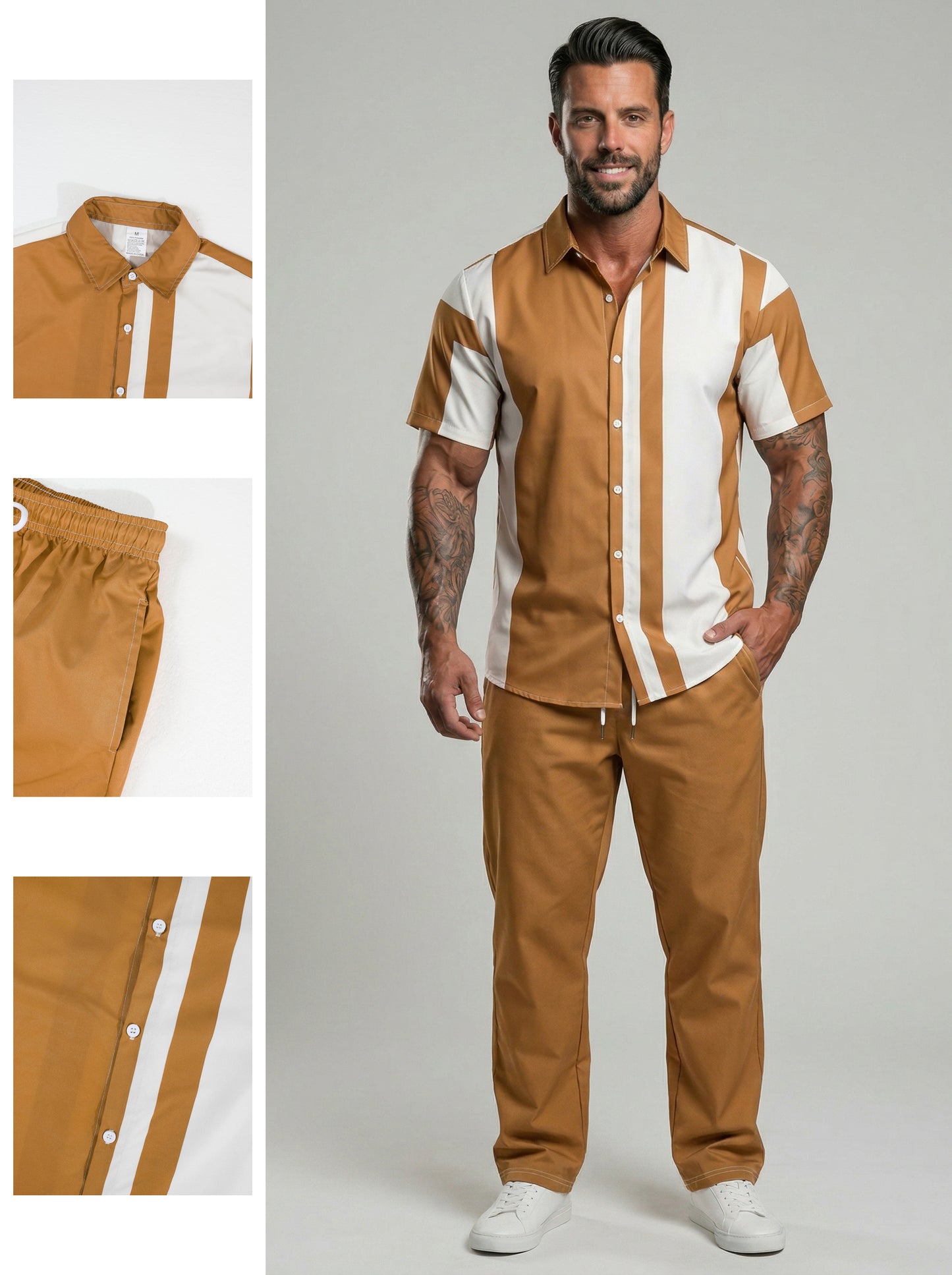 KZZ Men's Two-Piece Loungewear Set: Color-Block Printed Short-Sleeve Top and Long Pants