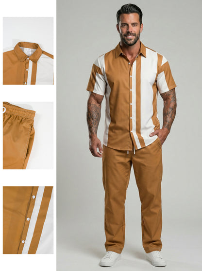 KZZ Men's Two-Piece Loungewear Set: Color-Block Printed Short-Sleeve Top and Long Pants