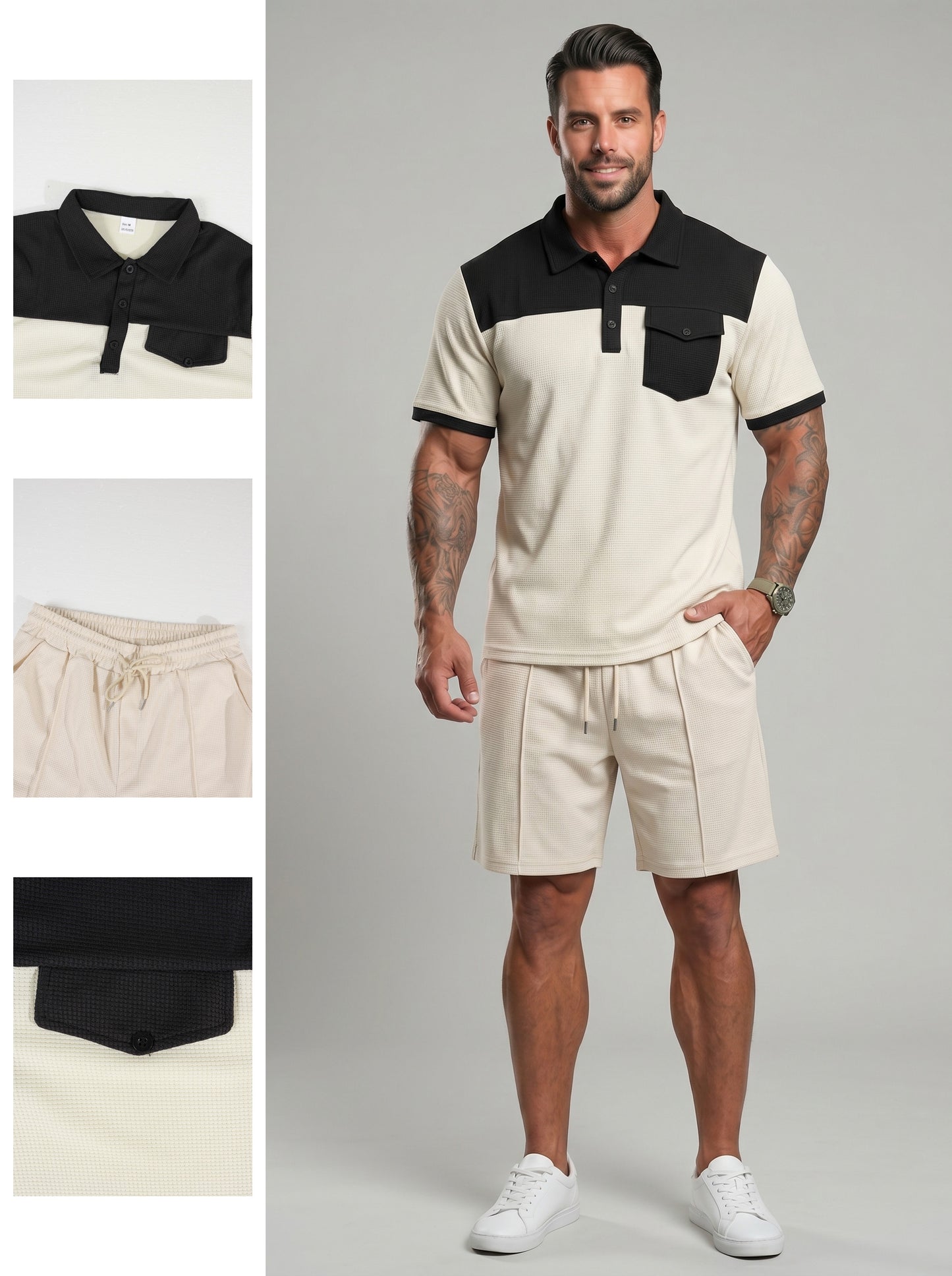 KZZ Men's Solid-Color Half-Zip Polo Shirt & Shorts Two-Piece Set