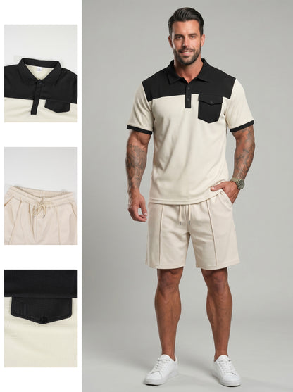 KZZ Men's Solid-Color Half-Zip Polo Shirt & Shorts Two-Piece Set