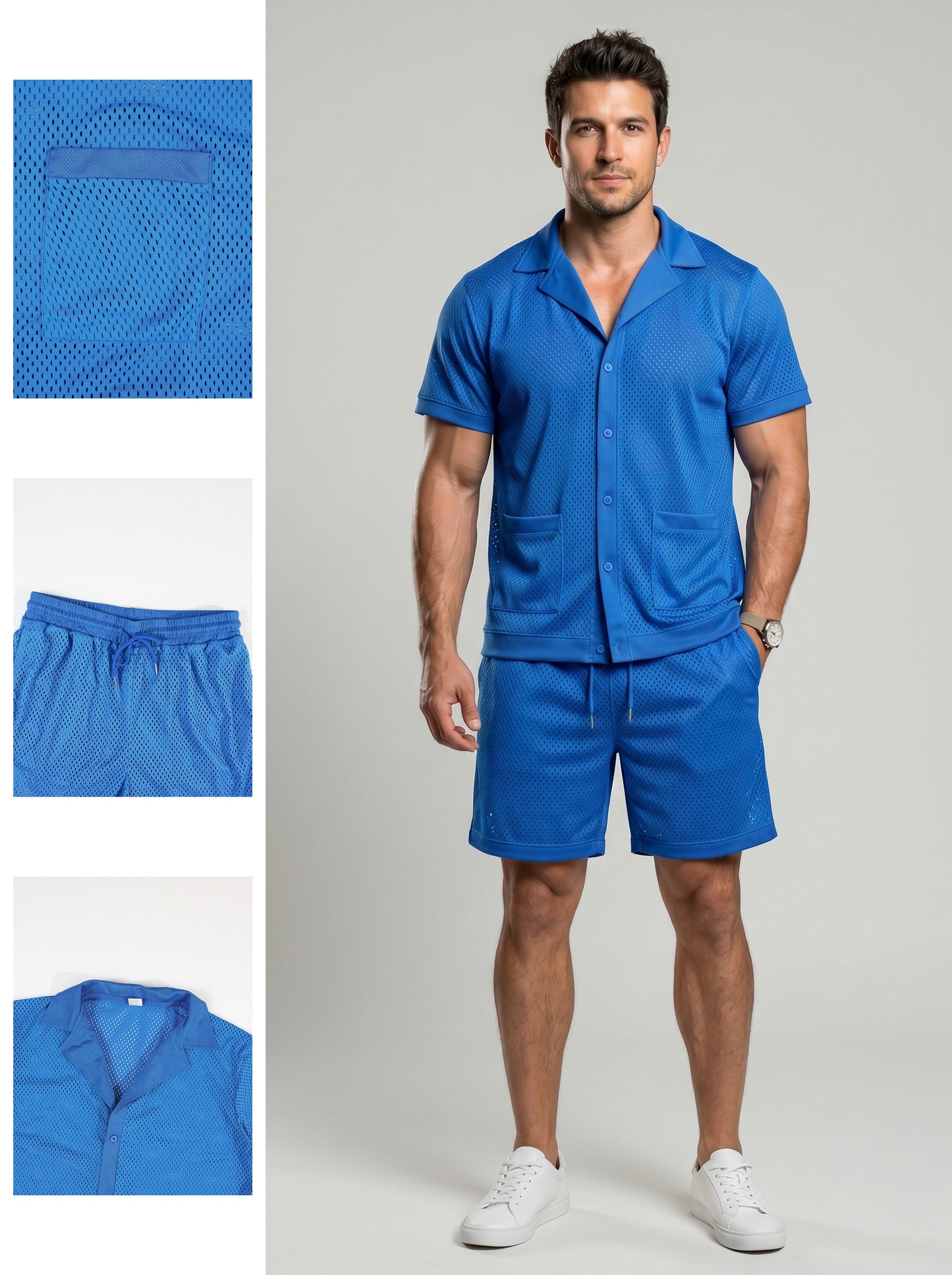KZZ Men's Solid Color Hollow-Out Short-Sleeve Shirt and Shorts Set