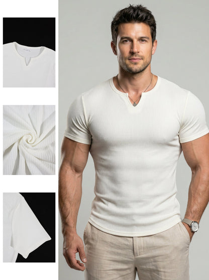 KZZ Men's Spring Summer Outfits Vertical Striped Textured V-Neck Short Sleeve T-Shirt