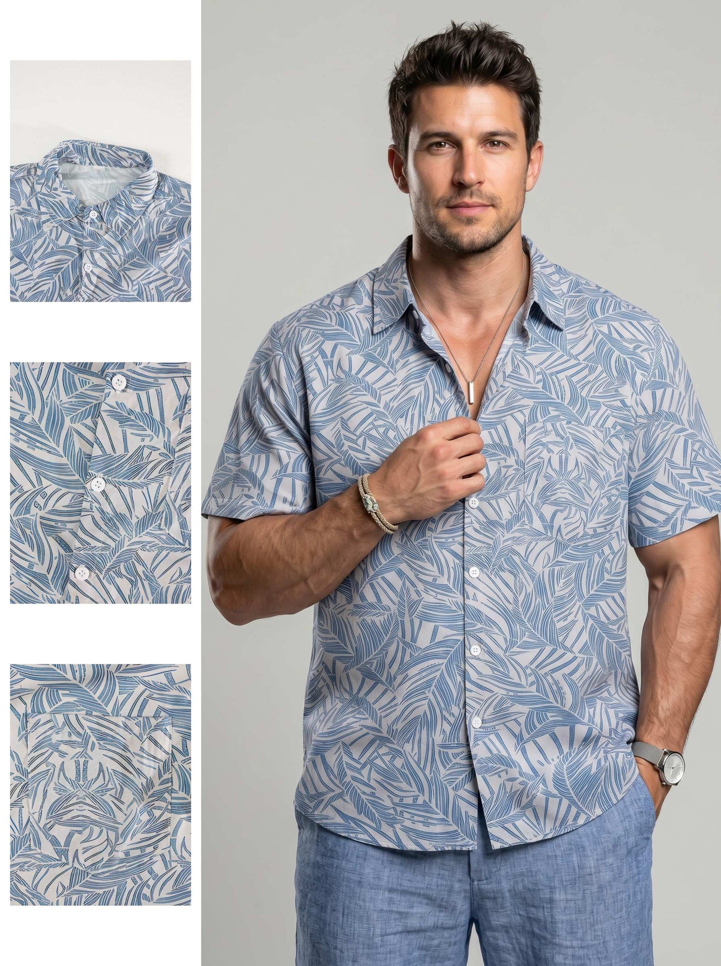 KZZ Men's Cotton-Linen Tropical Beach Shirt