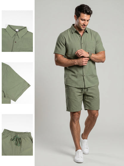KZZ Men's Solid-Color Linen Shirt and Shorts Set