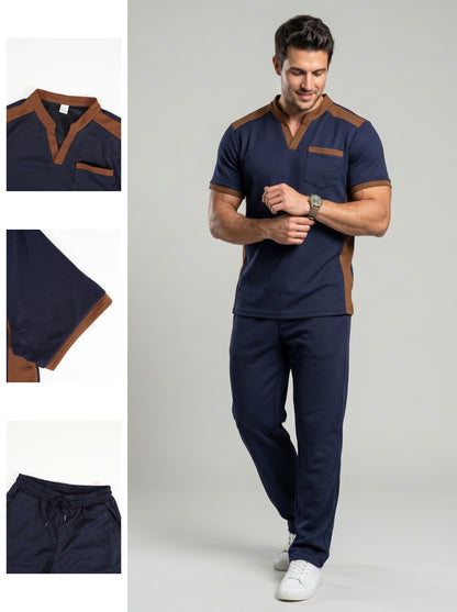 KZZ Men's Business Casual Color-Block Waffle-Knit V-Neck Short-Sleeve Shirt and Trousers Set