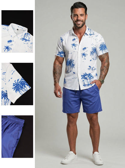 KZZ Men's Tropical Coconut Tree Print Shirt & Shorts Set