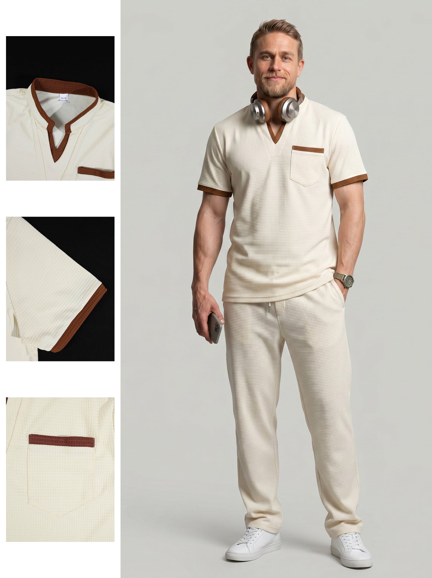 KZZ Men's Casual Athletic Color-Block Waffle-Knit Set