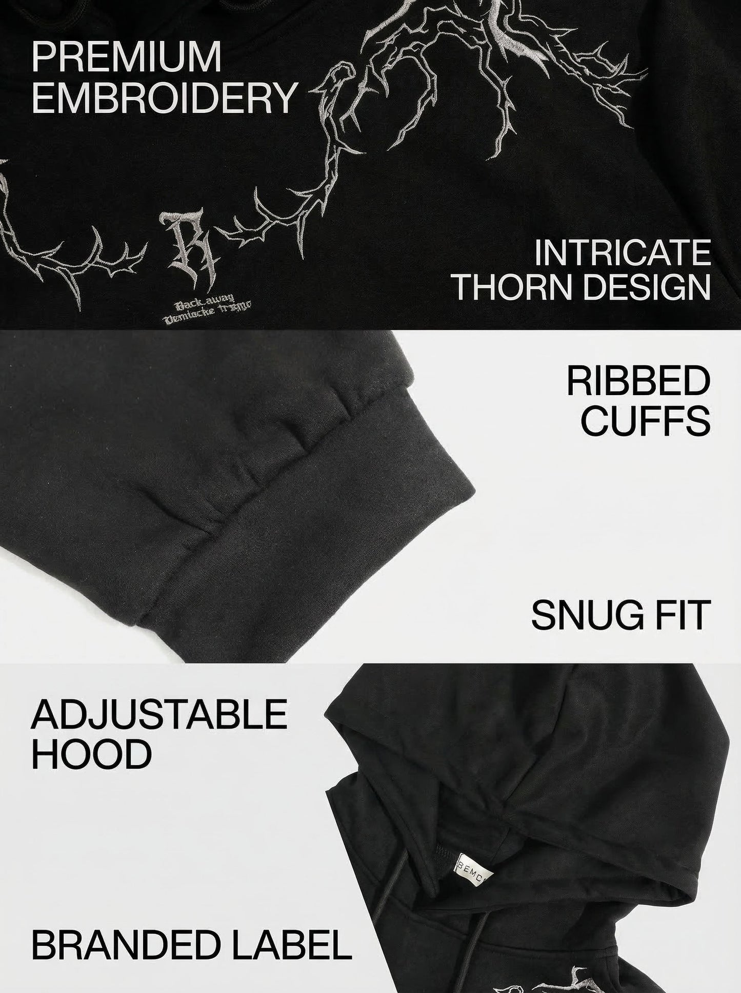 KZZ Men's Casual Loose-Fit Embroidered Thorns Hooded