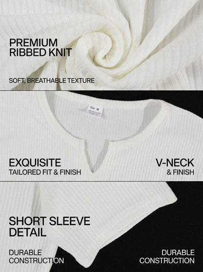KZZ Men's Spring Summer Outfits Vertical Striped Textured V-Neck Short Sleeve T-Shirt