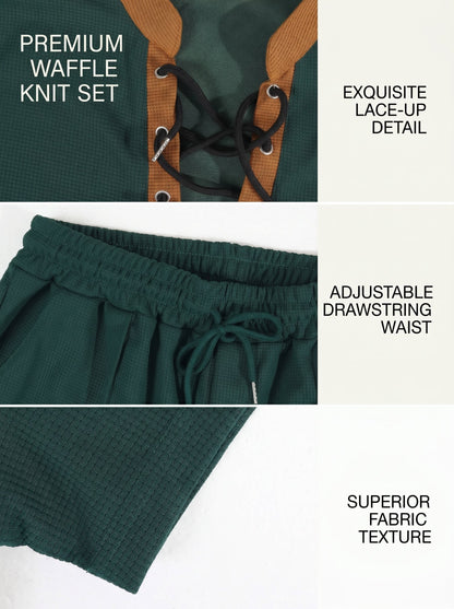 KZZ Men's Solid-Color Short-Sleeve Lace-Up Shirt and Shorts