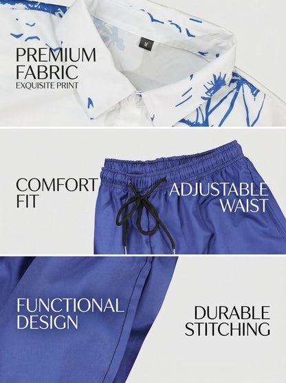 KZZ Men's Tropical Coconut Tree Print Shirt & Shorts Set