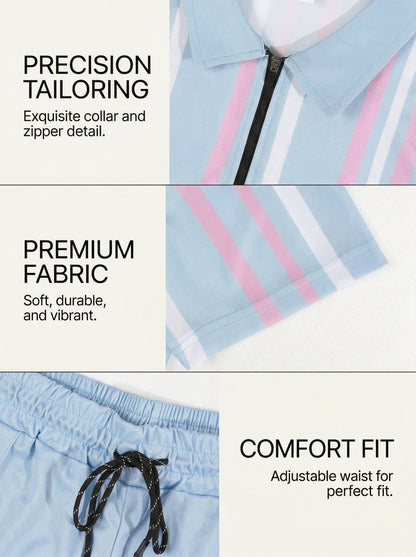 KZZ Men's Colorblock Striped Print Short Sleeve Shirt & Shorts Two-Piece Set
