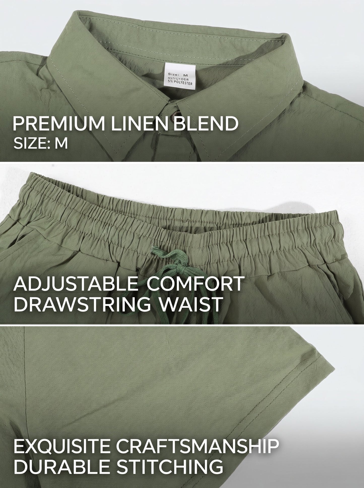 KZZ Men's Solid-Color Linen Shirt and Shorts Set
