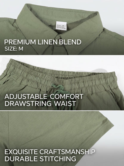 KZZ Men's Solid-Color Linen Shirt and Shorts Set