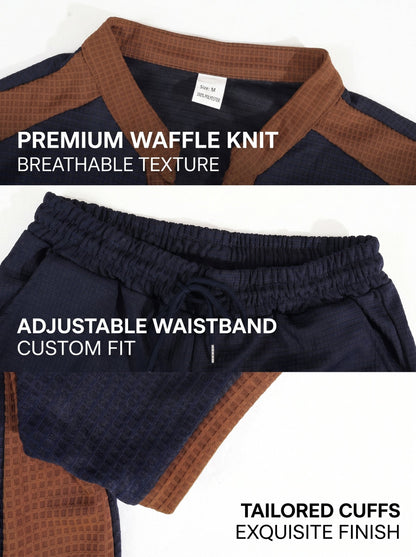 KZZ Men's Business Casual Color-Block Waffle-Knit V-Neck Short-Sleeve Shirt and Trousers Set