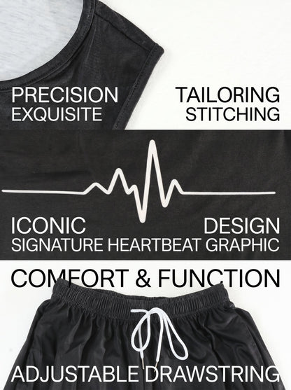KZZ Men's Heartbeat Print Crew Neck Vest and Shorts