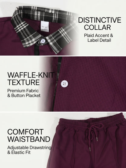 KZZ Color-block Waffle-knit Short-sleeve Top & Pants Set